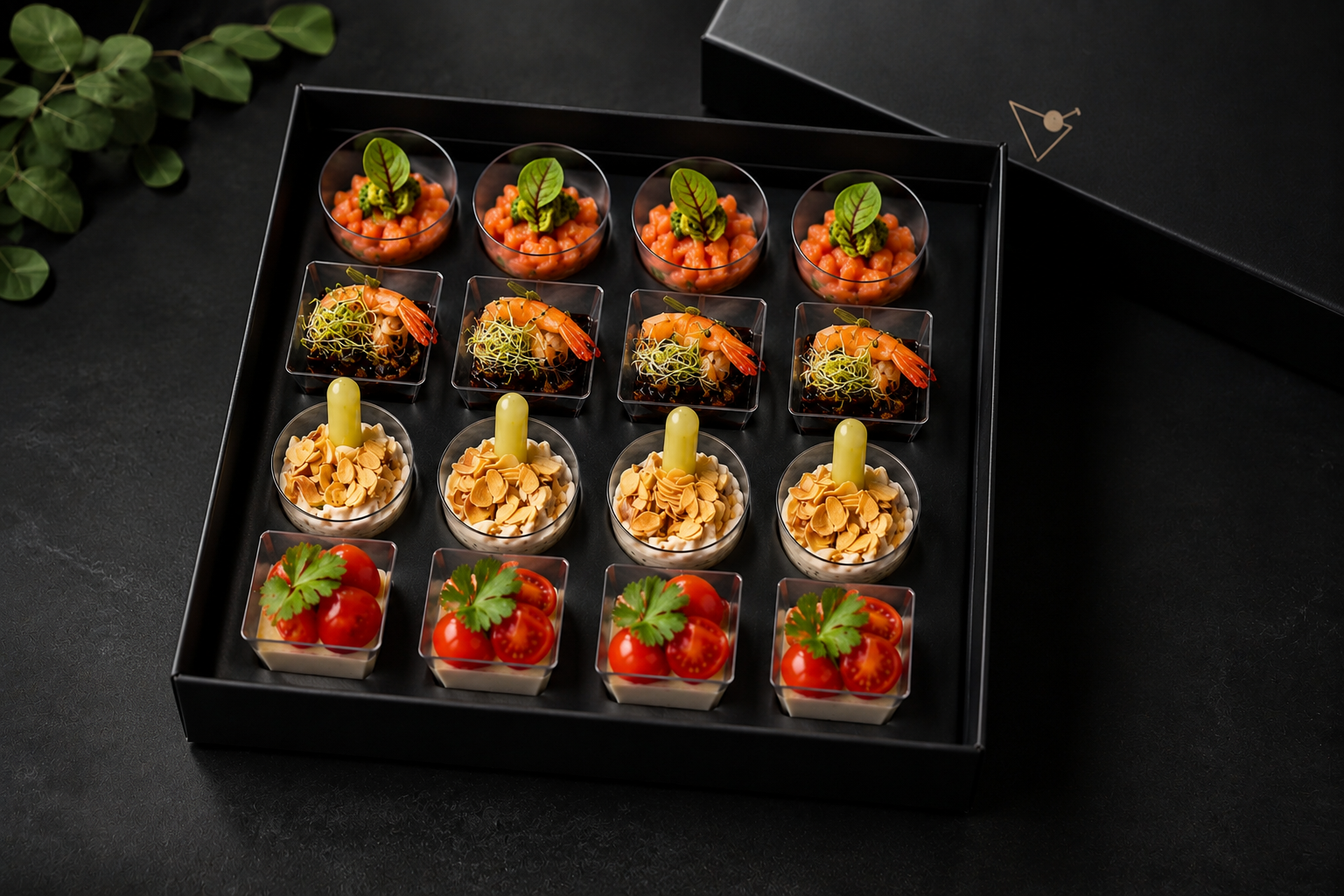 Premium Catering Box von Moment Catering mit 16 kleinen Verrines in transparenten Bechern, darunter Ente, Tigergarnele, vegetarische Vorspeisen und Dessert, elegant präsentiert in schwarzer Geschenkbox für Catering in Stuttgart und Baden-Württemberg