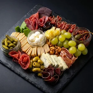 Große Antipasti Box mit Salami, Schinken, Käse und Oliven.