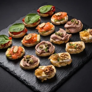 Bruschetta Catering Box mit Vitello Tonnato, Lachs Gravlax und Brie Käse.