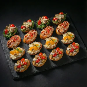 Catering Bruschettas mit gegrillten Garnelen, Caesar Salad und Camembert.