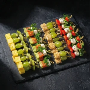 Bunte Canapé Box mit Obstspießen, Caprese und Lachs.