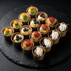 Dessert Box »Klassische Torten-Tradition« mit 16 Bechern: Cremeschnitte, Käsekuchen, Bienenstich und Sachertorte.