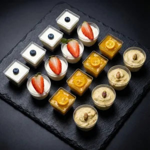 Dessert Box »Sweet Harmony Selection« mit 16 bunten Dessertbechern: Erdbeere, Blaubeere, Pistazie und Orange.
