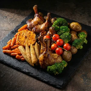Entenkeulen Box von Moment Catering Stuttgart mit 5 Entenkeulen, Ofenkartoffeln und Grillgemüse (Brokkoli, Karotte, Babymais, Orange) sowie Cherry-Tomaten – warme Hauptspeise für Business-Events und Catering in Stuttgart (ca. 2.500 g)