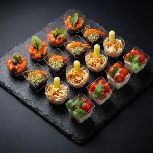 Catering Fingerfood im Glas Box: Lachs, Garnele und Hähnchen Salat.