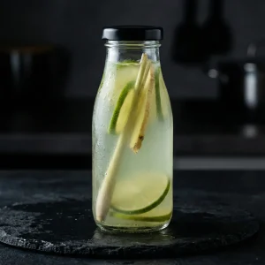 Hausgemachte Limonade Limette, Ingwer & Zitronengras von Moment Catering Stuttgart in der 0,5-l-Glasflasche – frisch, spritzig, ideal für Business-Events.
