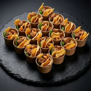 Snack Box mit Nüssen und Trockenfrüchten in Bechern.