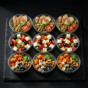 Catering Salat Box (9 Becher): Hähnchen-Walnuss, Griechischer Salat und Kürbis-Blue
