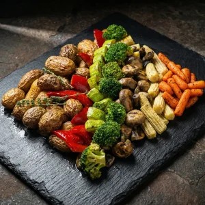 Veggie Grill Box von Moment Catering Stuttgart mit Pilzen, Grillgemüse (Zucchini, Brokkoli, Paprika, Babykarotten, Babymais) und Ofenkartoffeln mit Kräutern – vegetarische warme Beilage für BBQ, Buffet und Business-Events in Stuttgart (ca. 2.000 g).